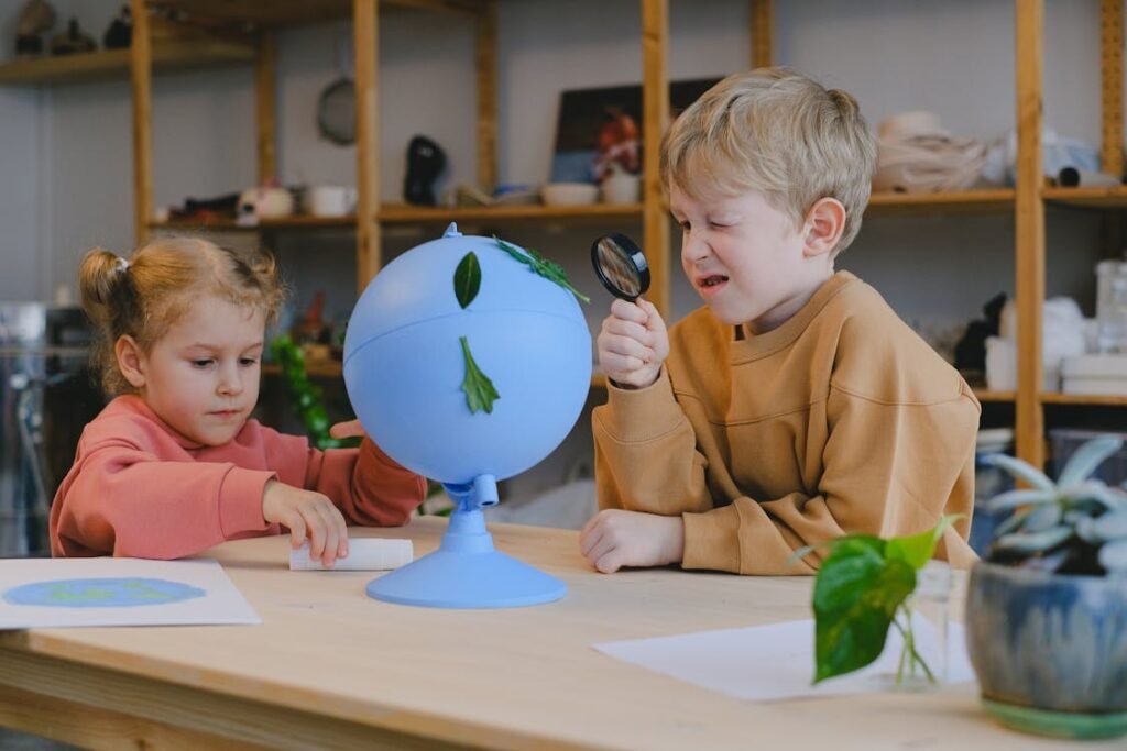 Child exploring nature with a magnifying glass